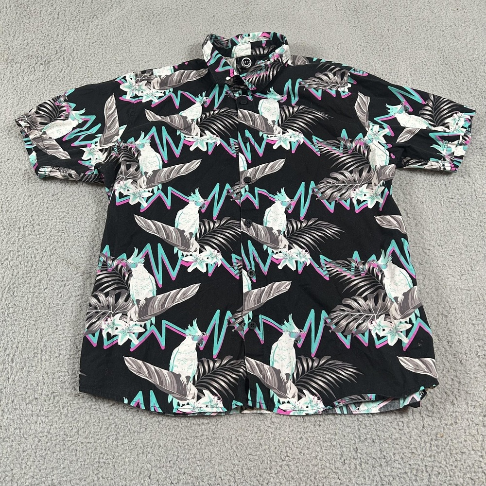 Neff‎ Shirt Mens Small Black Parrot Tropical Hawaiian Button Up Cotton Casual